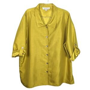 Caroline Rose Faux Raw Silk Button Front Shirt Chartreuse Tab Roll Sleeve 2X